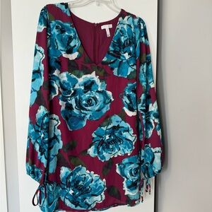 Floral V-Neck Women's Burgundy and Blue Dress